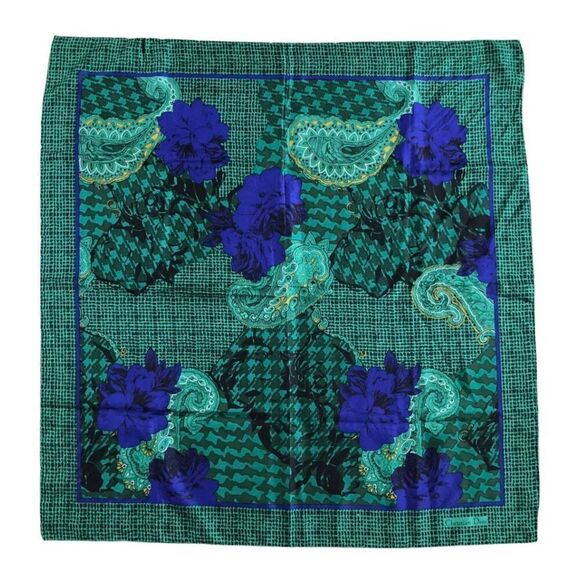 Christian Dior Autumn Green Hues Violet Floral & Paisley 100% Silk Square Scarf - Picture 6 of 8
